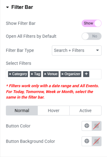 filter bar settings