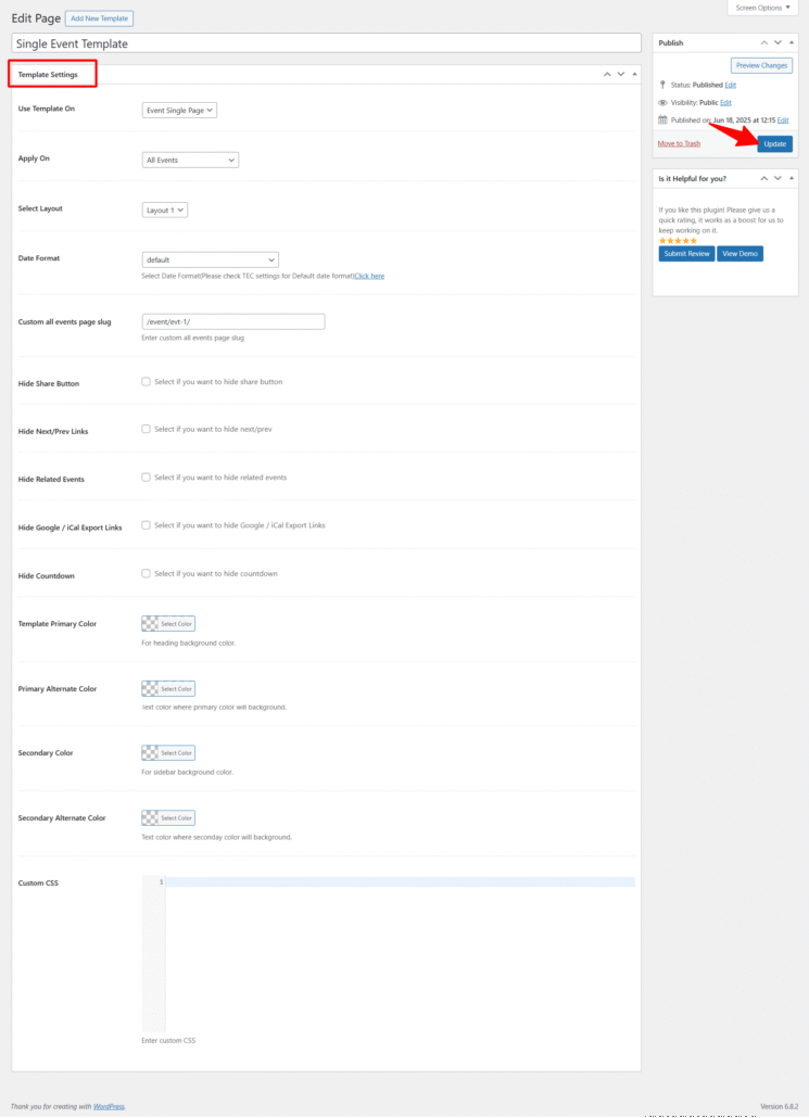 non elementor single page template setting