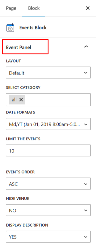 event panel settings
