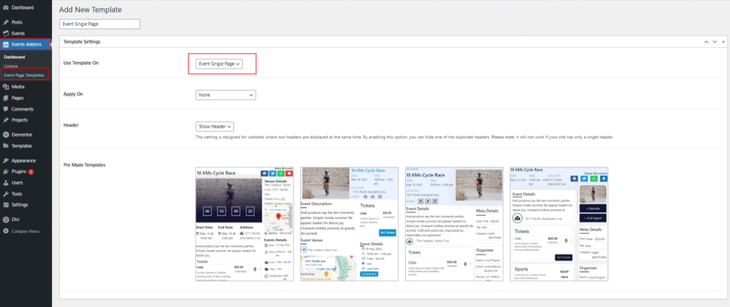 event single page template settings