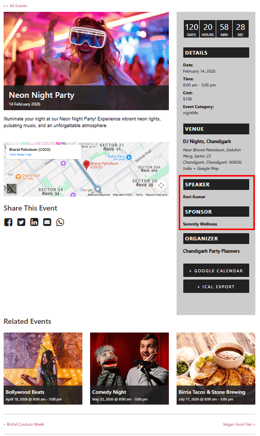 single event speaker and sponsor page