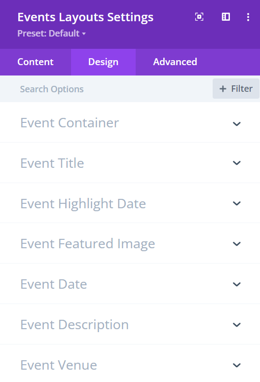 events layout settings