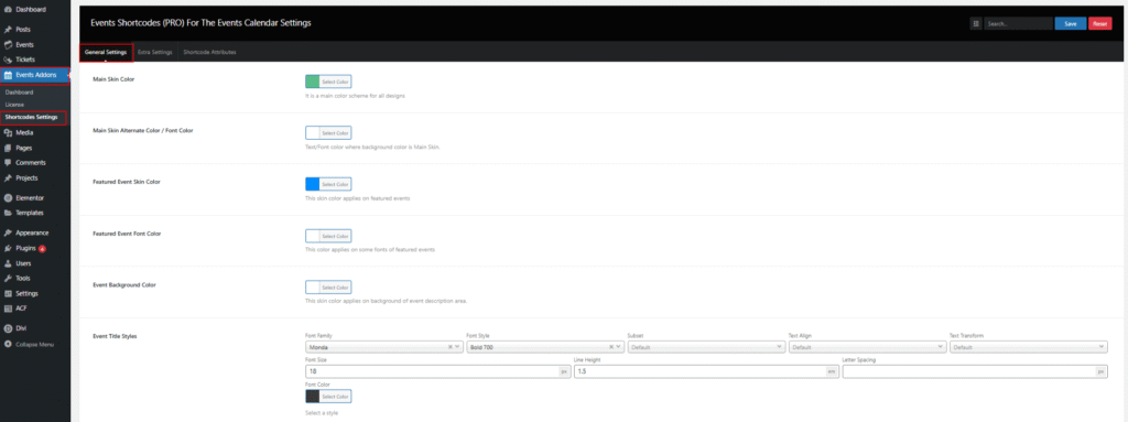 shortcode general settings