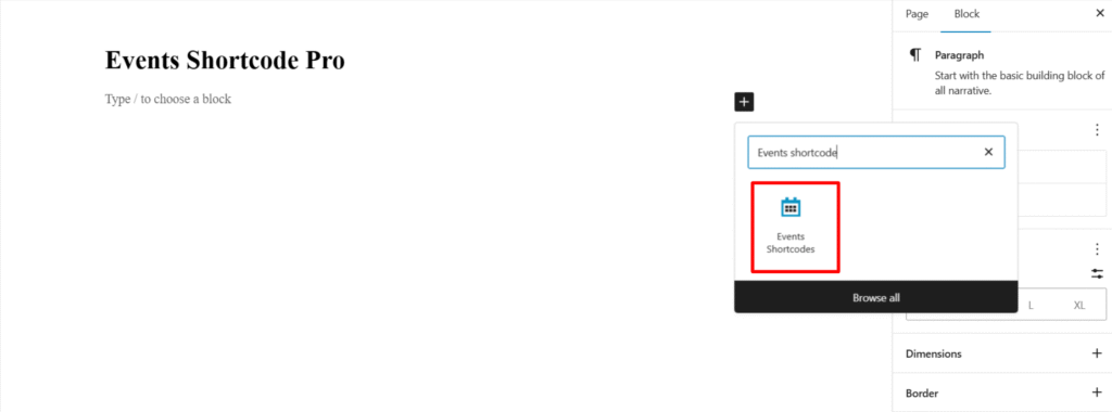 search events shortcode gutenberg