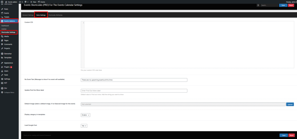shortcodes extra settings