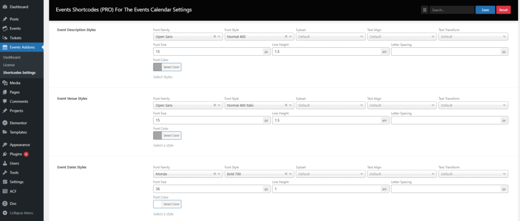shortcode general setting events