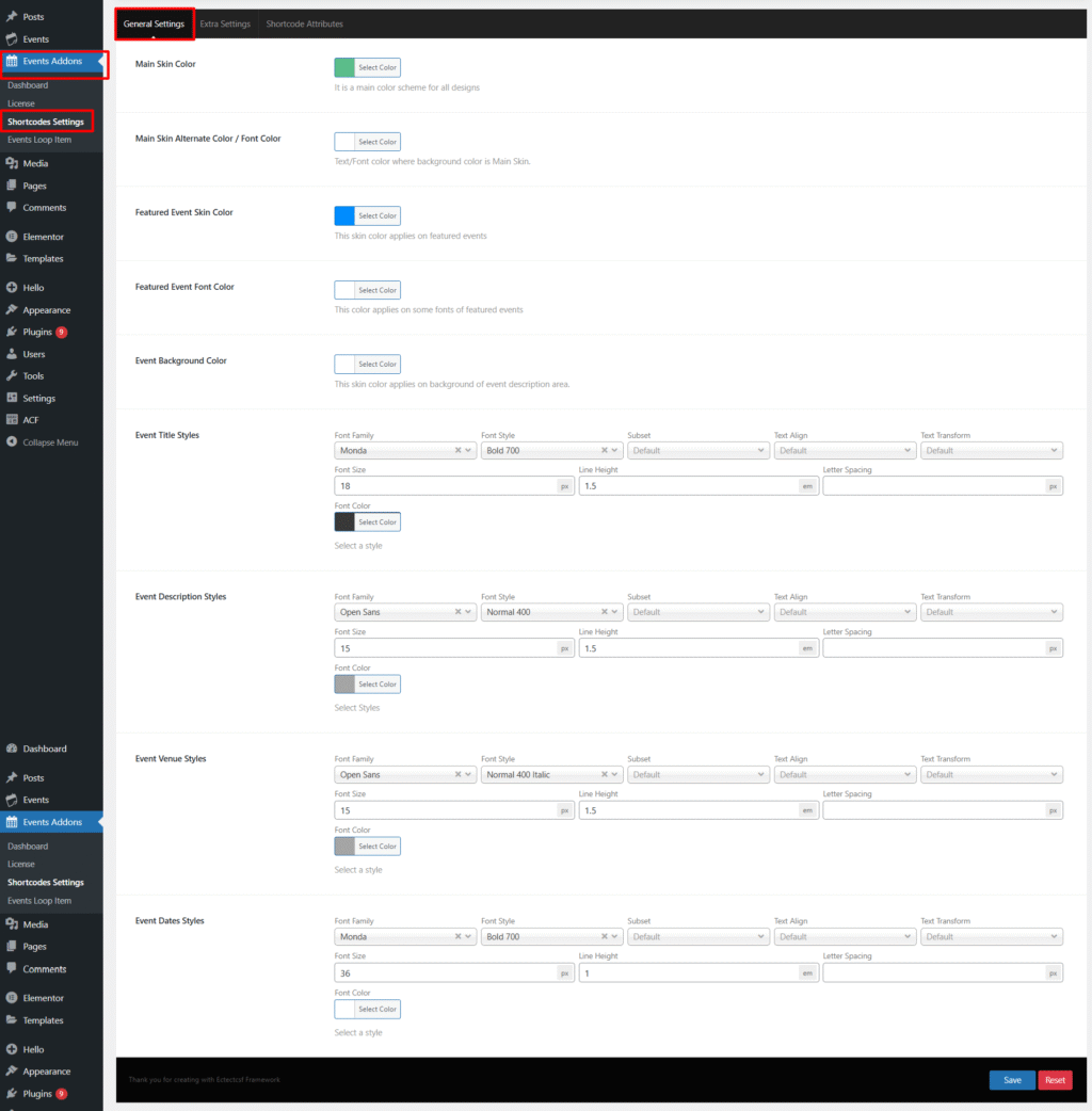 shortcode general settings