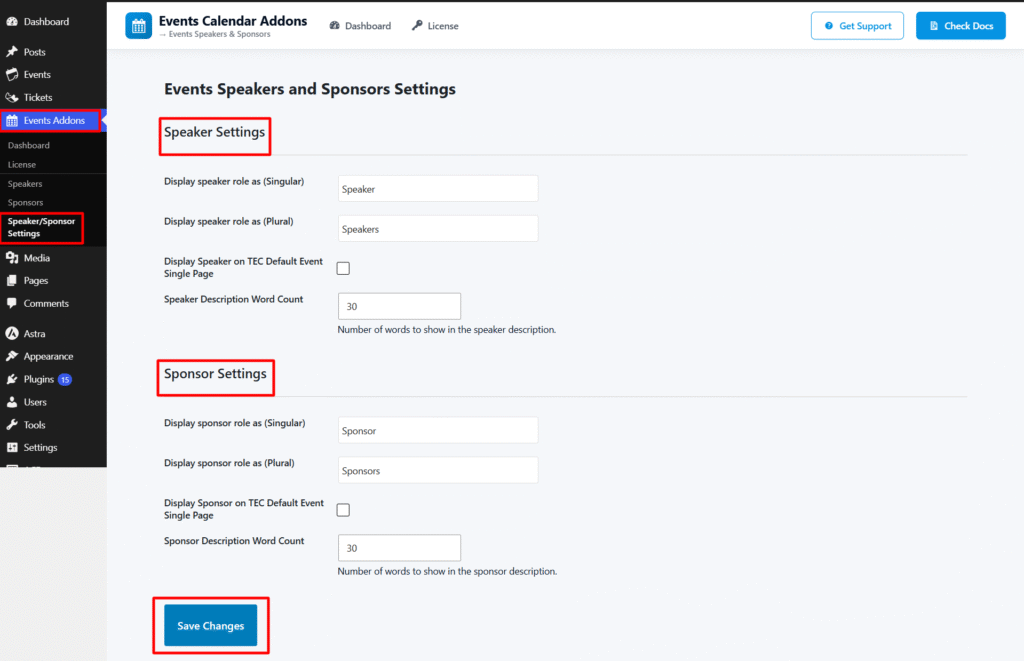 speaker and sponsor settings