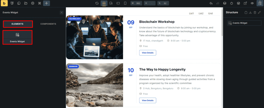 bricks events widget element