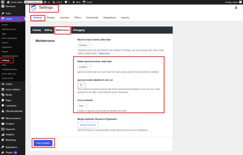 maintenance settings