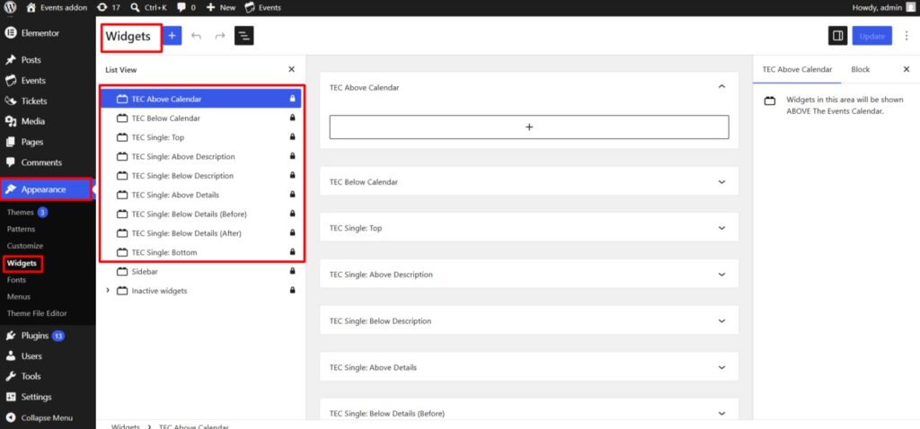TEC widget areas