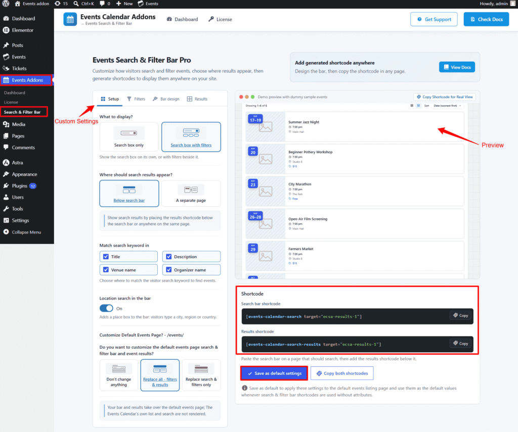 events search and filter bar settings