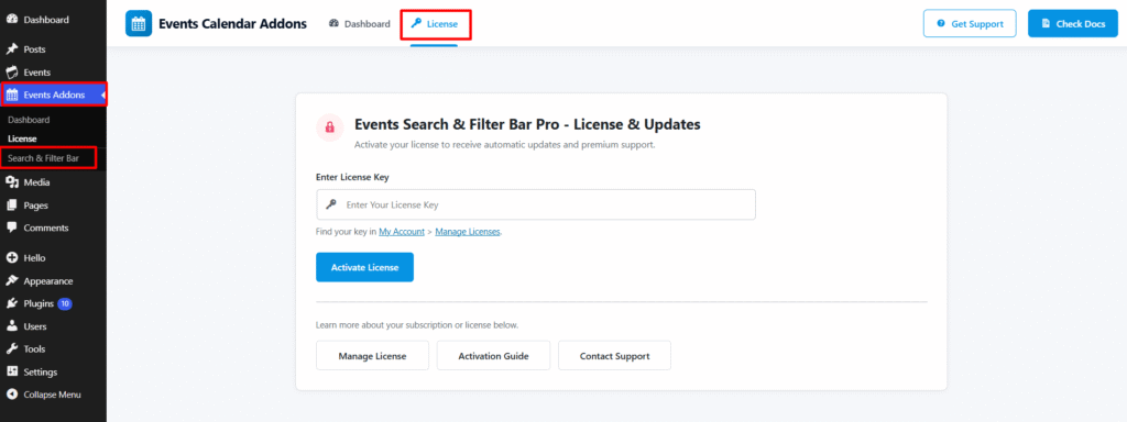 event search and filter bar license key