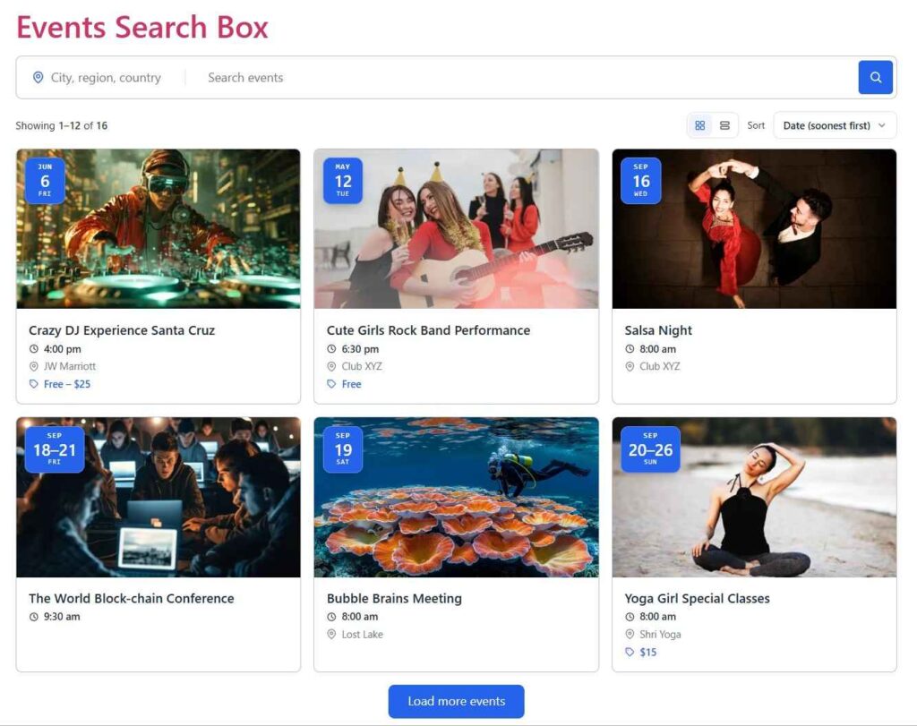 event search box output
