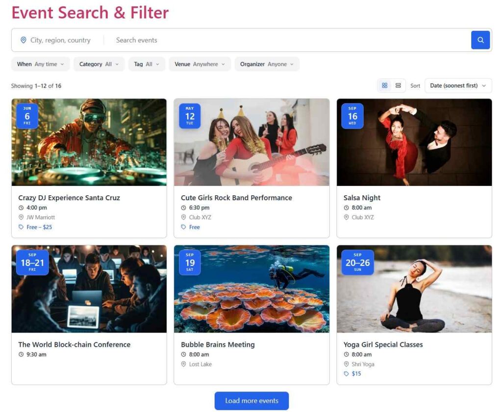 event search box with filters output