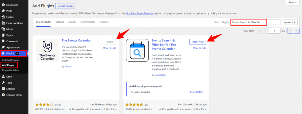 events search and filter bar plugin installation