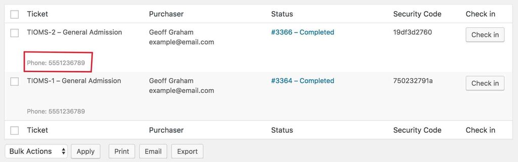 phone number in attendee list 