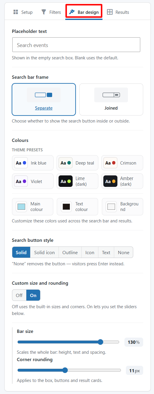 bar design settings
