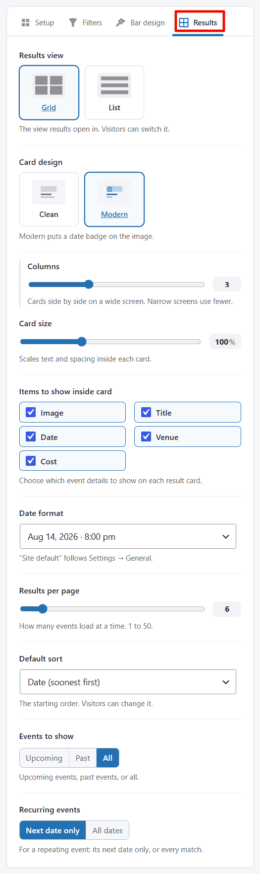 results tab settings