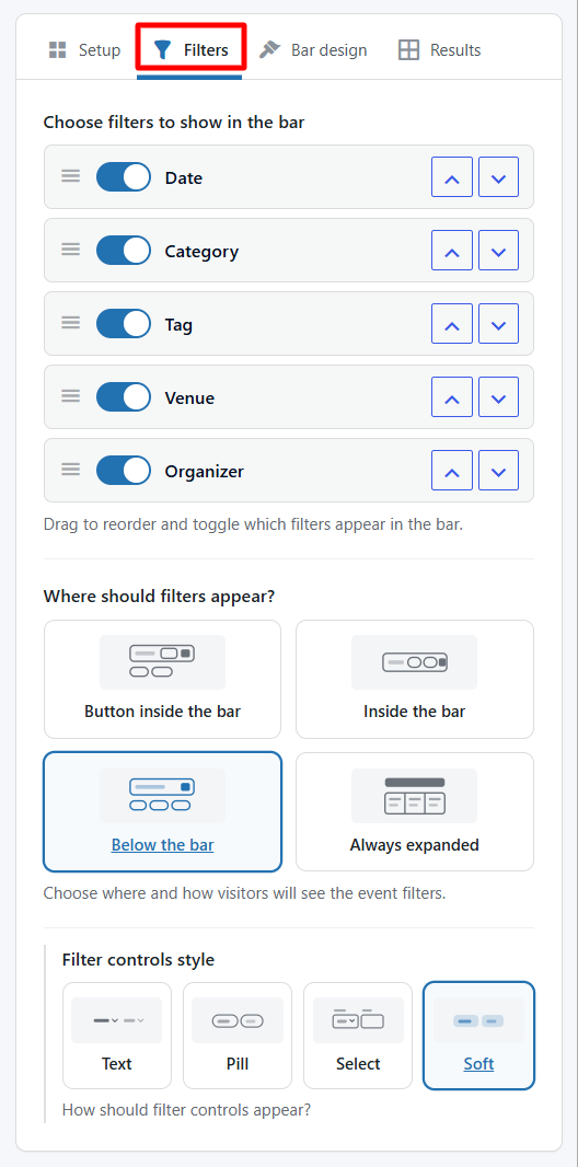 filters tab settings