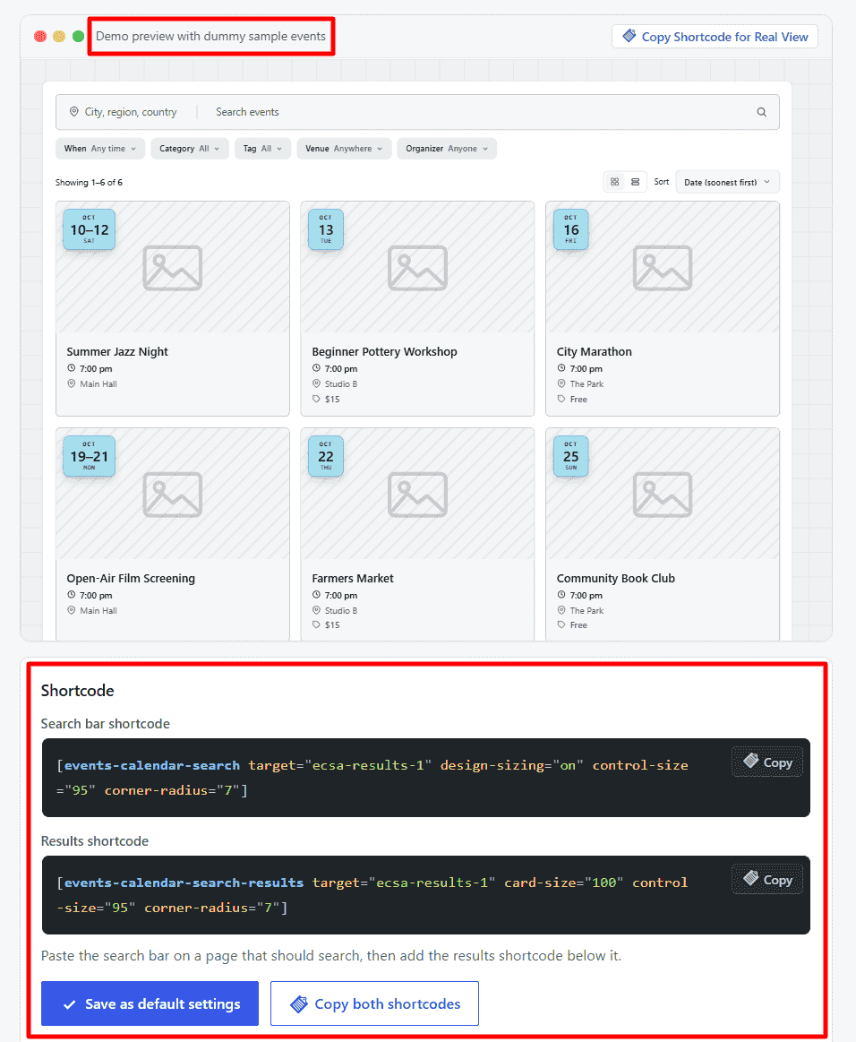preview and shortcode box